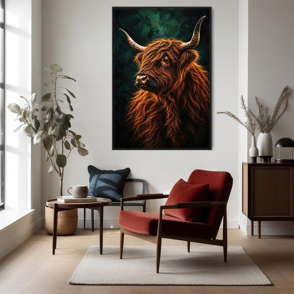 Angus - Highland Cow - Copper & Teal Green Framed Canvas Art
