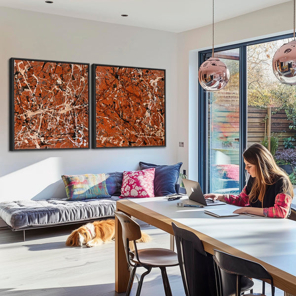 Large Jackson Pollock Style Pair 2 Framed XXL Canvases - Umber
