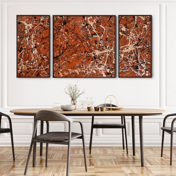 Extra Large Jackson Pollock Style Set 3 Framed Canvases - Rust