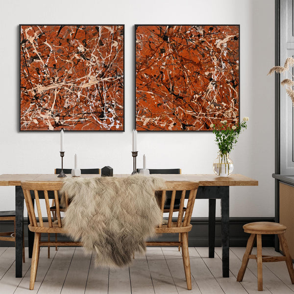 Large Jackson Pollock Style Pair 2 Framed XXL Canvases - Umber