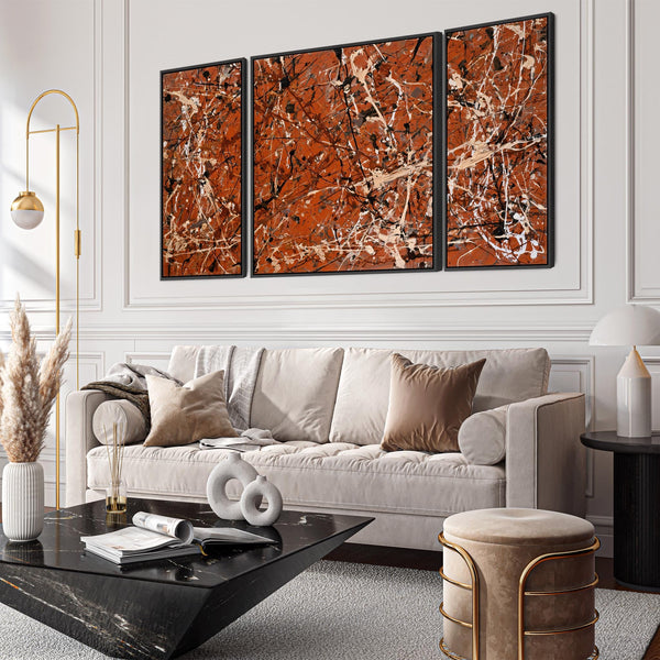 Extra Large Jackson Pollock Style Set 3 Framed Canvases - Rust