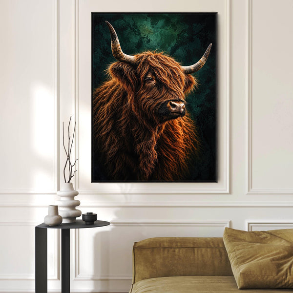 Dougal - Highland Cow - Copper & Teal Green Framed Canvas Print