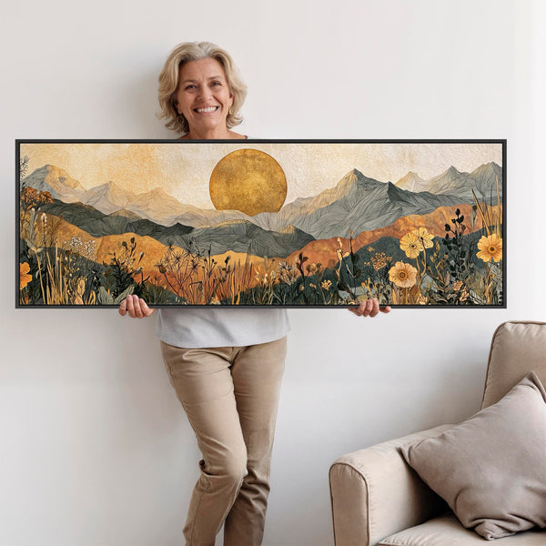 Wide Orange Grey Abstract Landscape - Boho Framed Canvas Art