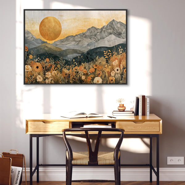 Large Boho Framed Canvas Art Ochre Abstract Landscape - Dawn