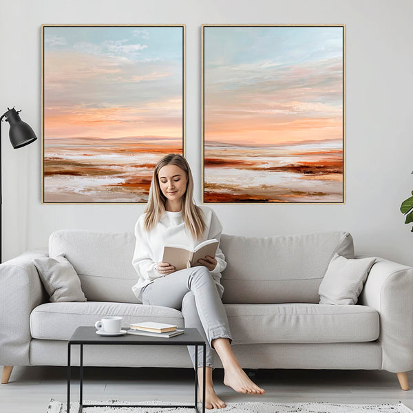 Orange Grey - Rust Horizons Abstract Landscape - Pair of Framed Abstract Artwork - Set of 2