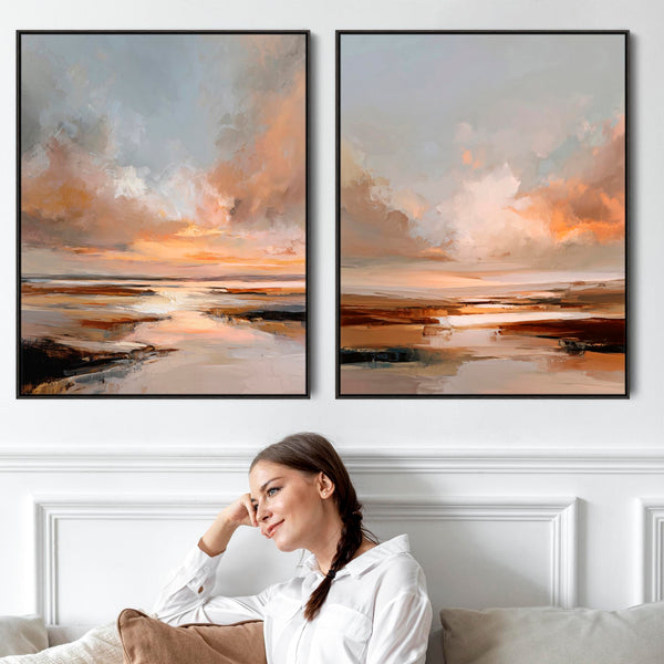 Pair Abstract Landscape - Framed Rust Orange Artwork - Set of 2 Canvas