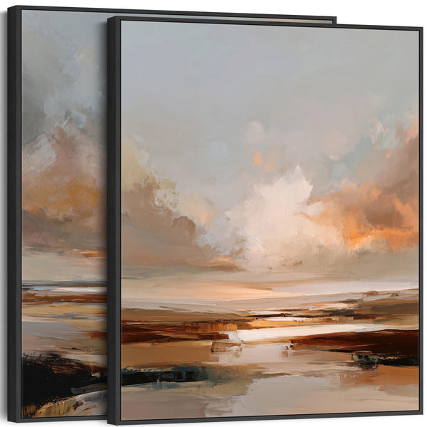 Pair Abstract Landscape - Framed Rust Orange Artwork - Set of 2 Canvas