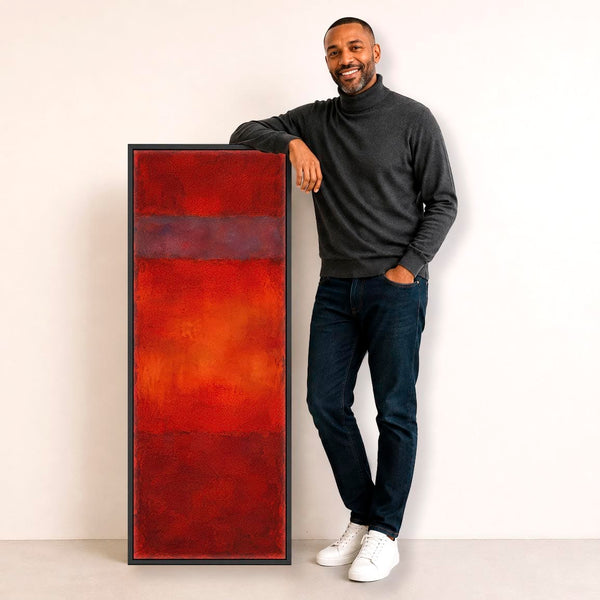 Tall Dark Red Abstract Framed Upright Canvas Wall Art - Embers