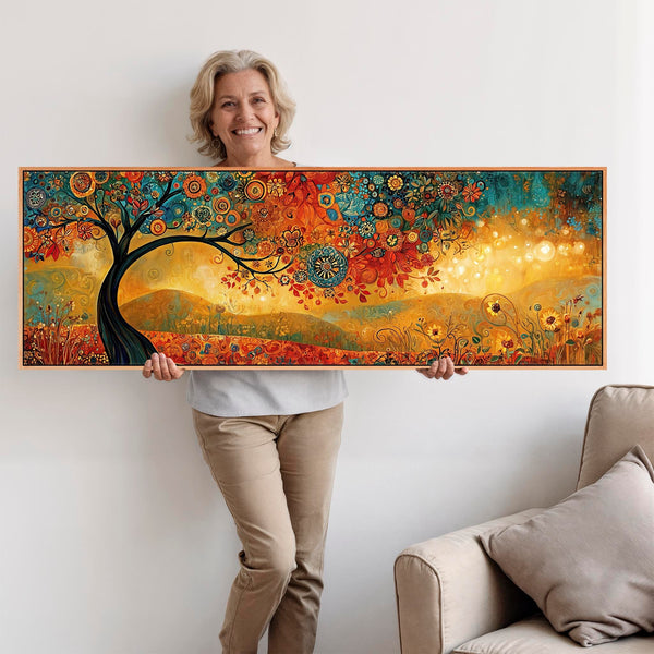 Wide Gustav Klimt inspired Framed Canvas Picture - Orange Teal