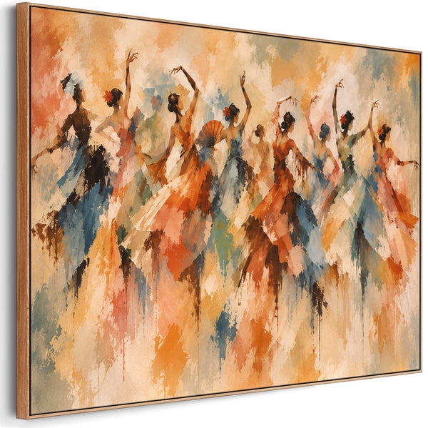 Terracotta Cream Blue Dancers Framed Canvas Art - Flamenco