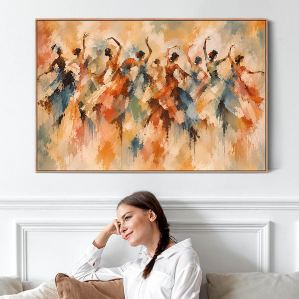 Terracotta Cream Blue Dancers Framed Canvas Art - Flamenco