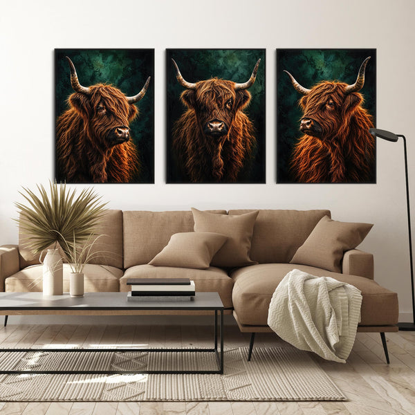 The Clan - Highland Cows - Unique Framed Canvases - Set of 3
