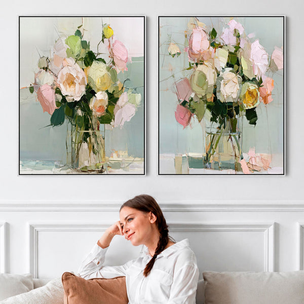 Large Abstract Floral Pink Green Pair Framed Canvas Art Set 2