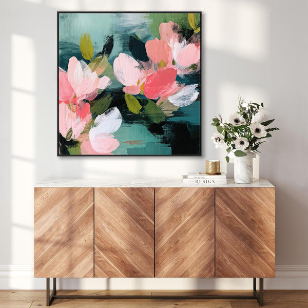 Large Abstract Floral Canvas Wall Art Framed - Pink Green