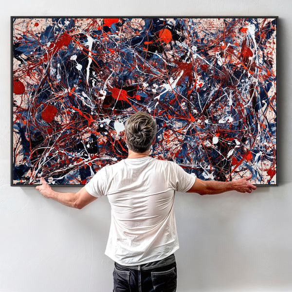 Abstract Jackson Pollock Style Framed Canvas Picture - Blue Red