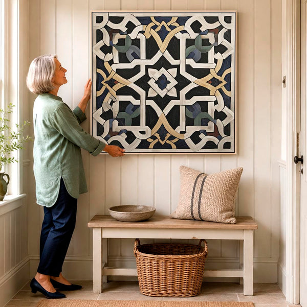 Alhambra - Moroccan Mosaic Framed Canvas - Black Cream Abstract