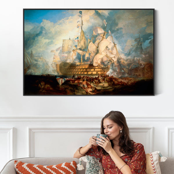 JMW Turner Framed Wall Art Canvas Print Battle of Trafalgar - Painting - Blue