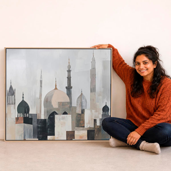 Islamic Framed Wall Art - Minaret Mosque - Neutral Beige Grey