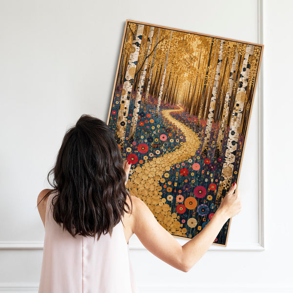 Gustav Klimt inspired Colourful Framed Canvas Art Birch Pathway