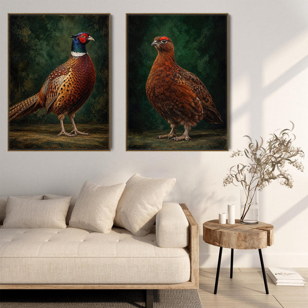Brace - Framed Game Bird Canvas Wall Art - Copper & Fern Green