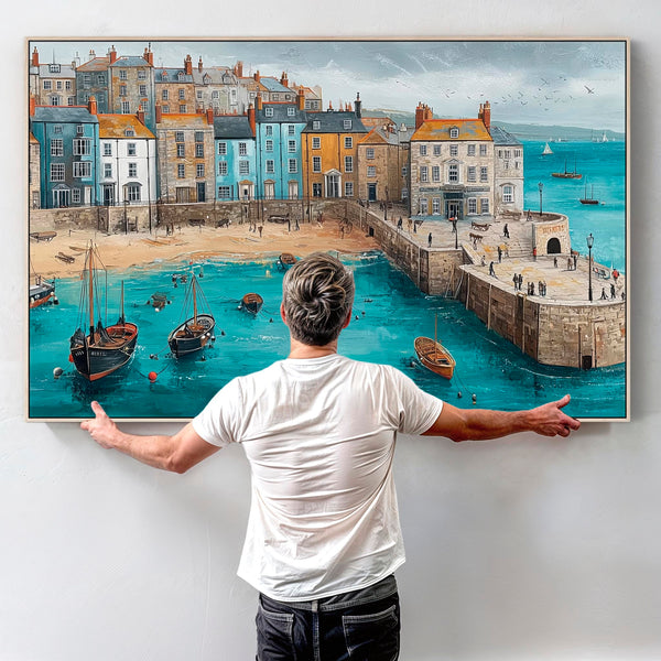 Coastal Cornish Seaside Framed Wall Art on Canvas Blue