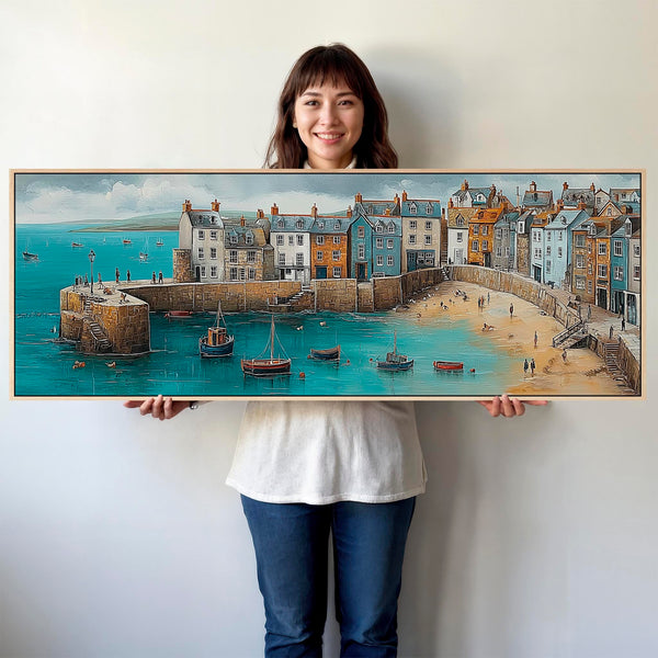 Coastal Cornwall Harbour Wide Framed Horizontal Wall Art in Blue