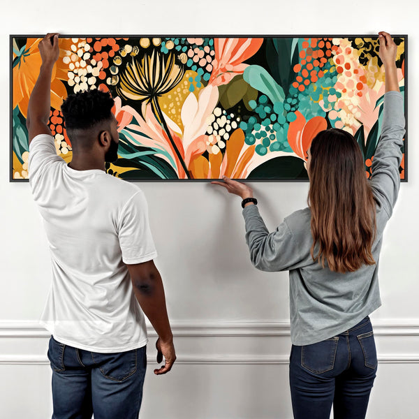 Wide Colourful Abstract Floral Framed Canvas Japanese Abstract