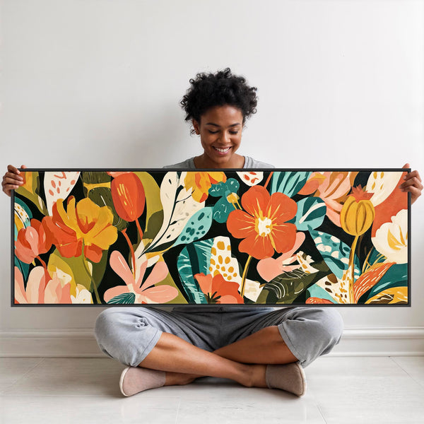 Wide Framed Floral Wall Art Canvas Colourful Abstract Flowers