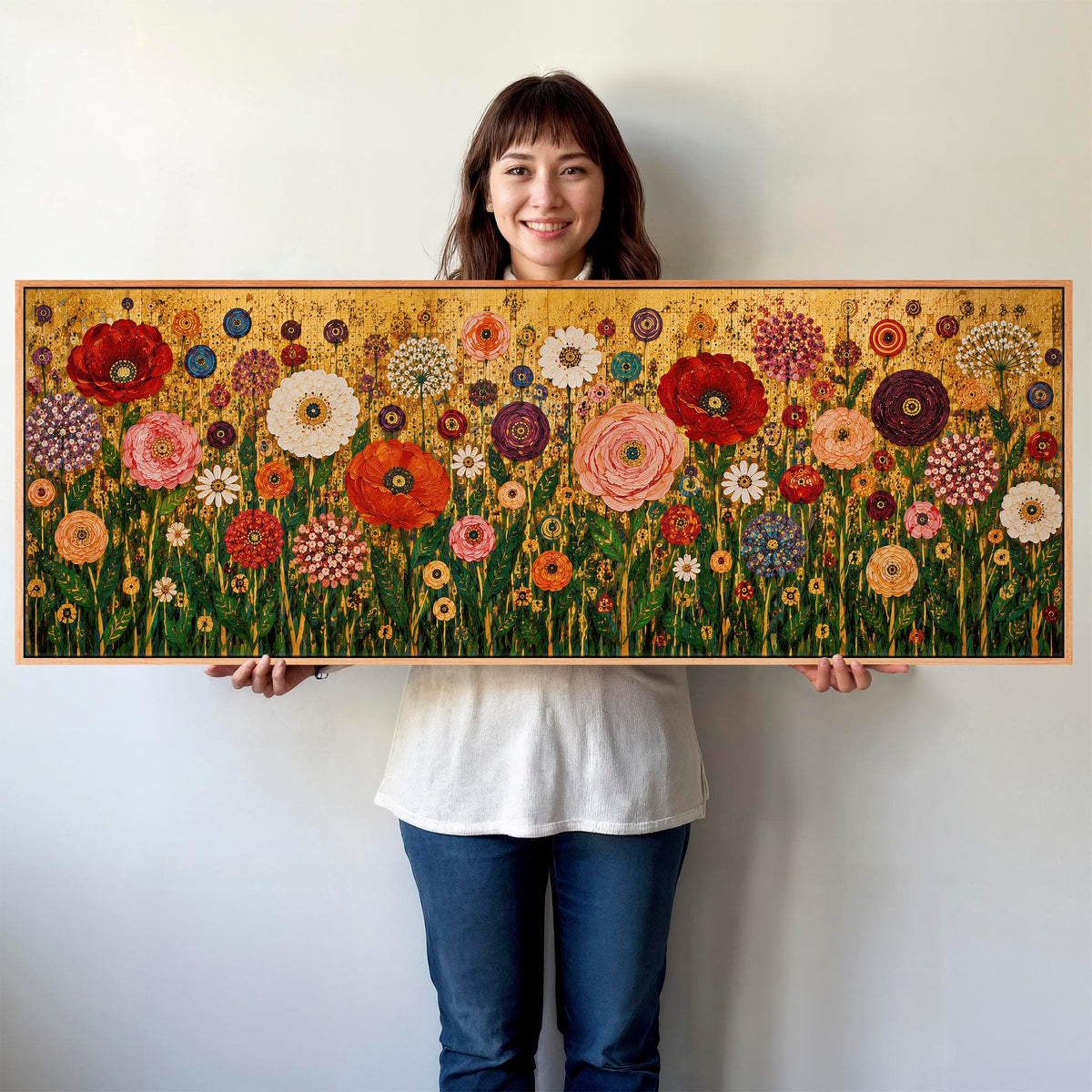 Wide Colourful Floral Gustav Klimt inspired Horizontal Canvas ...