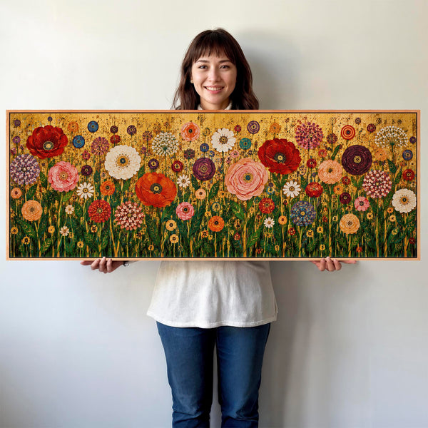 Wide Colourful Floral Gustav Klimt inspired Horizontal Canvas