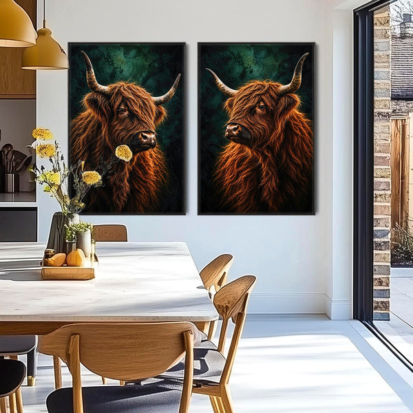 Coos - Highland Cows - Unique Pair Framed Canvases - Set of 2