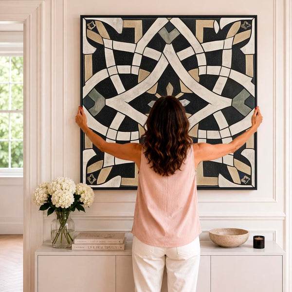 Living Room Framed Moroccan Canvas Art - Black Cream - Cordoba
