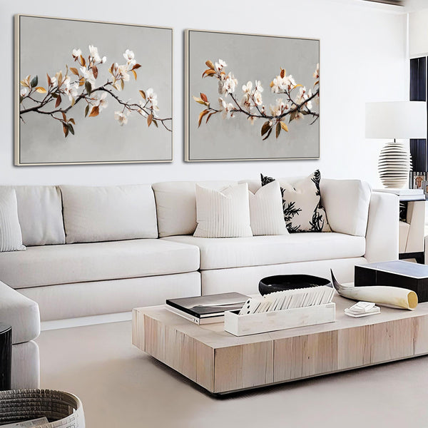 Large Grey Cream Living Room Framed Pair Canvas for over Sofa