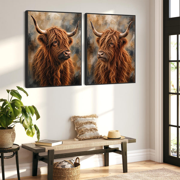 Crofters - Highland Cows - Framed Scottish Coo Canvases - Set 2
