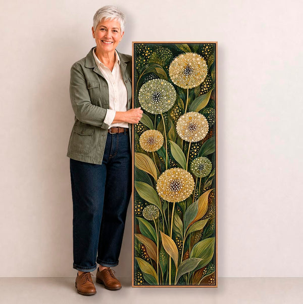 Tall Green Cream Framed Canvas Art Dandelion Botanical Floral