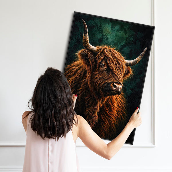 Dougal - Highland Cow - Copper & Teal Green Framed Canvas Print