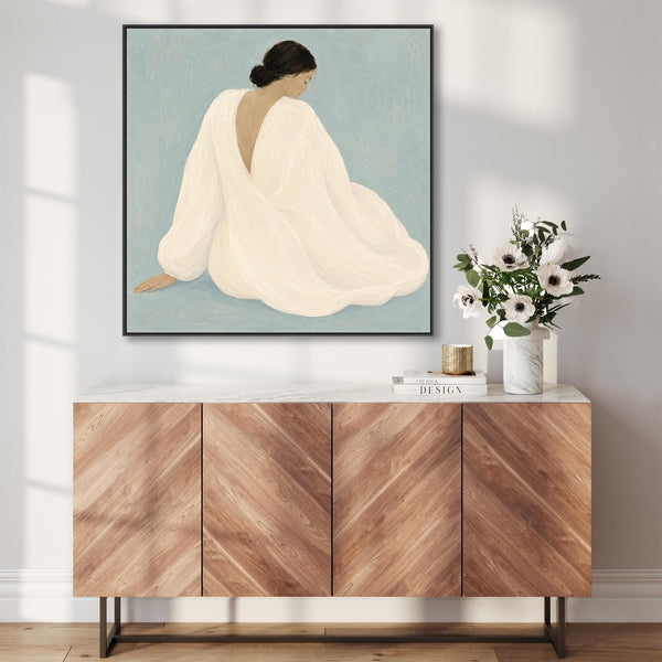 Framed Artwork - Woman Empowerment Contemplation - White Dress 1 - Blue