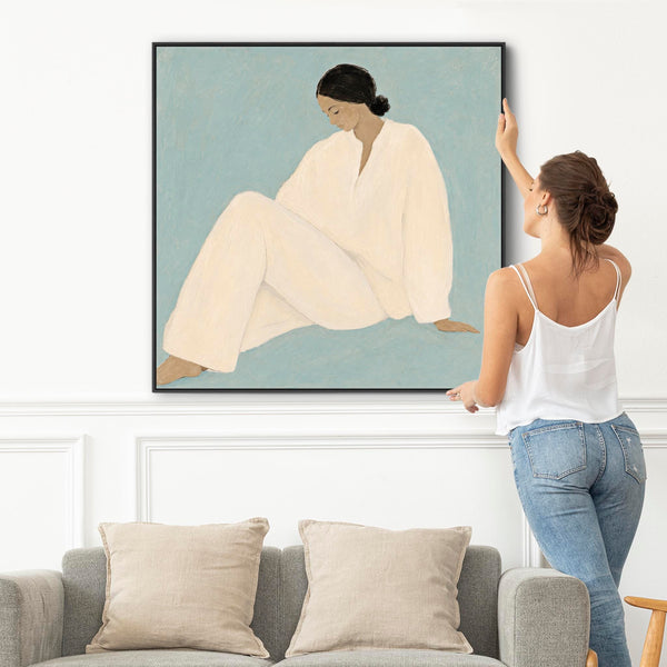 Framed Canvas - Feminine Empowerment Contemplation - White Dress 2 - Blue
