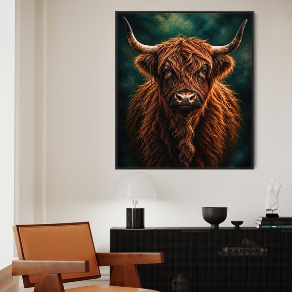 Fergus - Highland Cow - Copper & Teal Framed Scottish Wall Art
