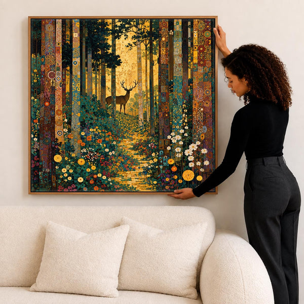 Big Gustav Klimt inspired Framed Trees Canvas Art - Forest Stag