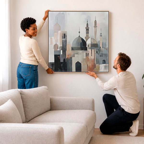 Large Modern Islamic Wall Art - Abstract Mosque Neutral Grey