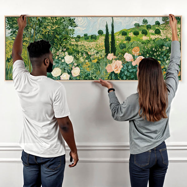 Wide Vincent Van Gogh inspired Framed Landscape Canvas in Green