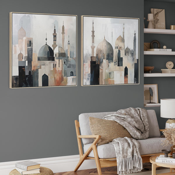 Extra Large Modern Framed Islamic Wall Art Pair - Neutral Grey