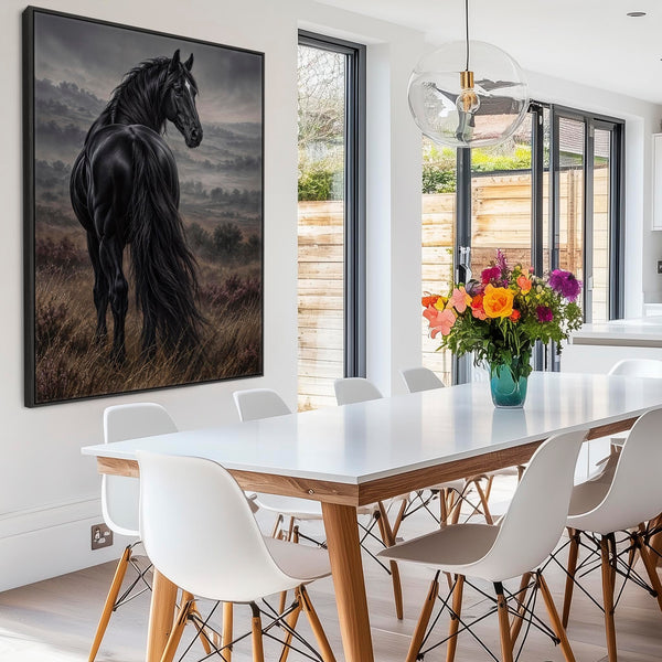 Black Friesian Horse Framed Canvas Wall Art - Turning for Home