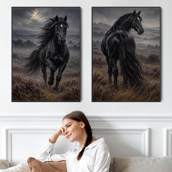 Black Friesian Horses - Majestic - Framed Pair Canvases Set 2