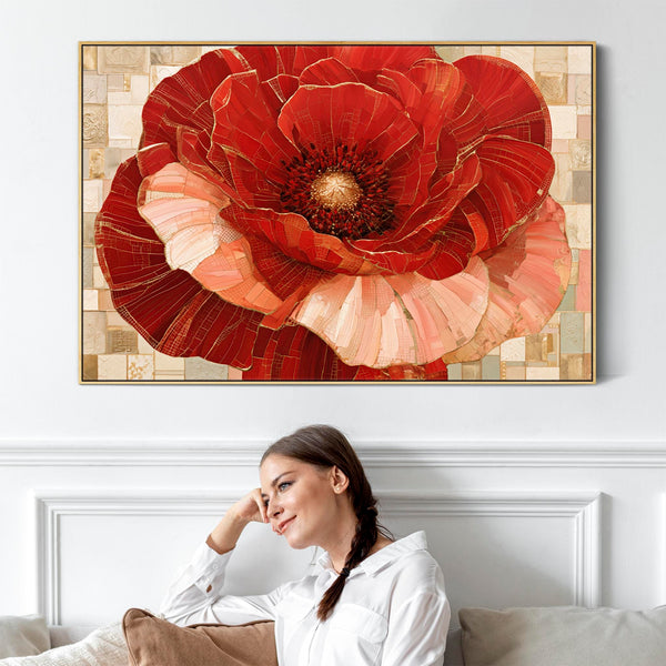 Large Red Gold Cream Floral Gustav Klimt inspired Framed Canvas
