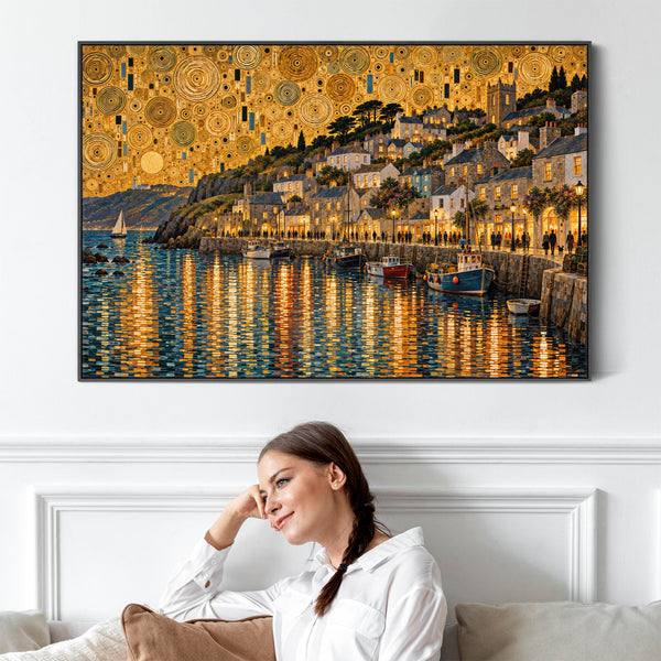 Gustav Klimt inspired Framed Canvas Art Golden Cornish Harbour