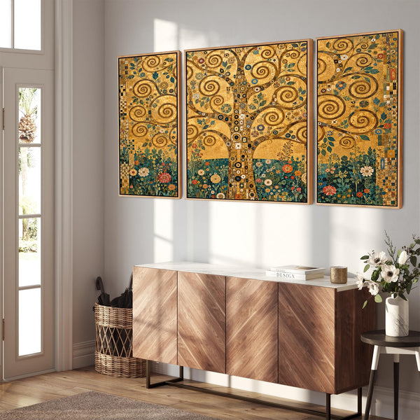 Set 3 Gustav Klimt inspired Framed Canvases Golden Tree of Life
