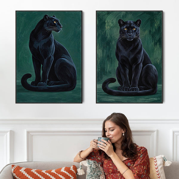 Guardians - Black Green Panthers - Framed Pair Canvases - Set 2