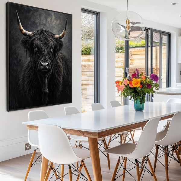Hamish - Black and Cream Highland Cow - Framed Canvas Art Print